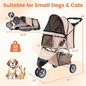 3 Wheel Pet Stroller for Small Dogs Cats up to 33 LBS-Beige view 5