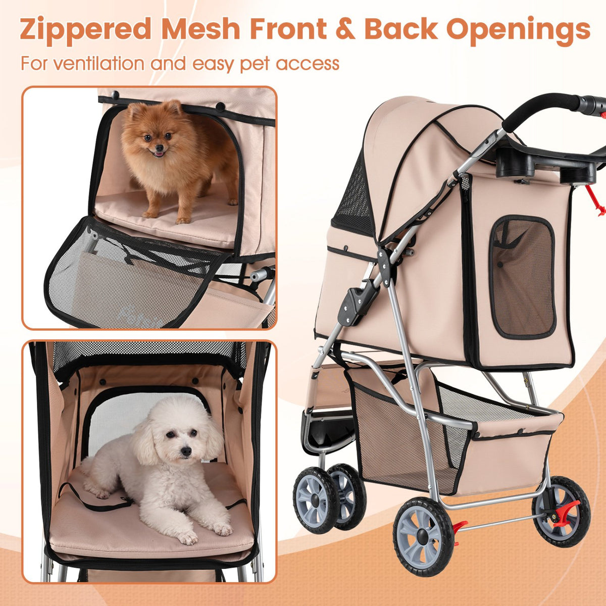 3 Wheel Pet Stroller for Small Dogs Cats up to 33 LBS-Beige view 7