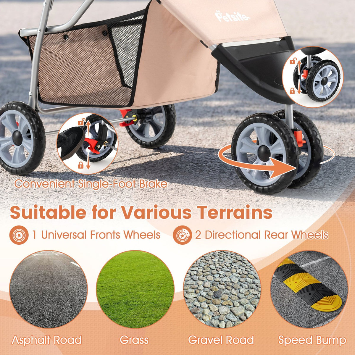 3 Wheel Pet Stroller for Small Dogs Cats up to 33 LBS-Beige view 8