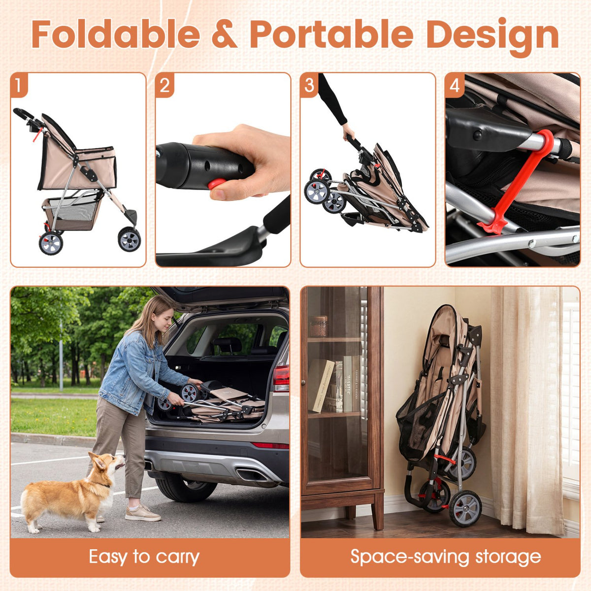 3 Wheel Pet Stroller for Small Dogs Cats up to 33 LBS-Beige view 9