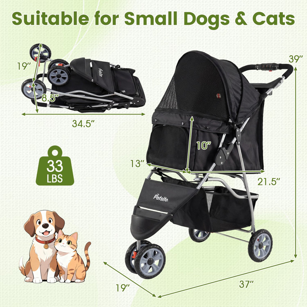 3 Wheel Pet Stroller for Small Dogs Cats up to 33 LBS-Black view 5
