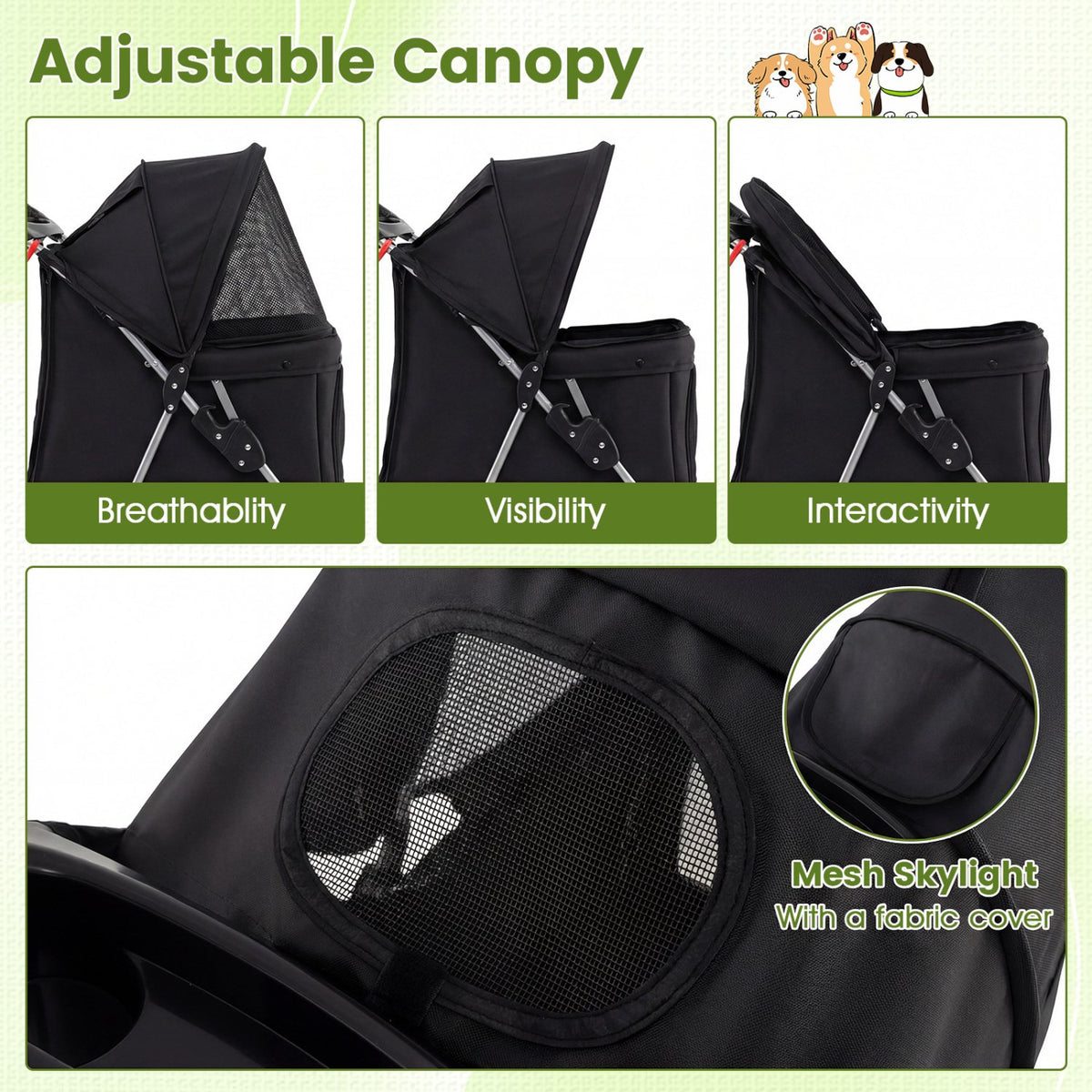 3 Wheel Pet Stroller for Small Dogs Cats up to 33 LBS-Black view 6