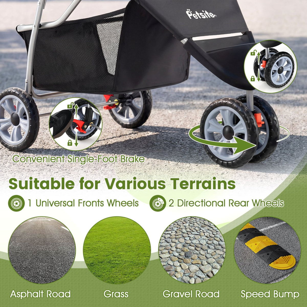 3 Wheel Pet Stroller for Small Dogs Cats up to 33 LBS-Black view 8