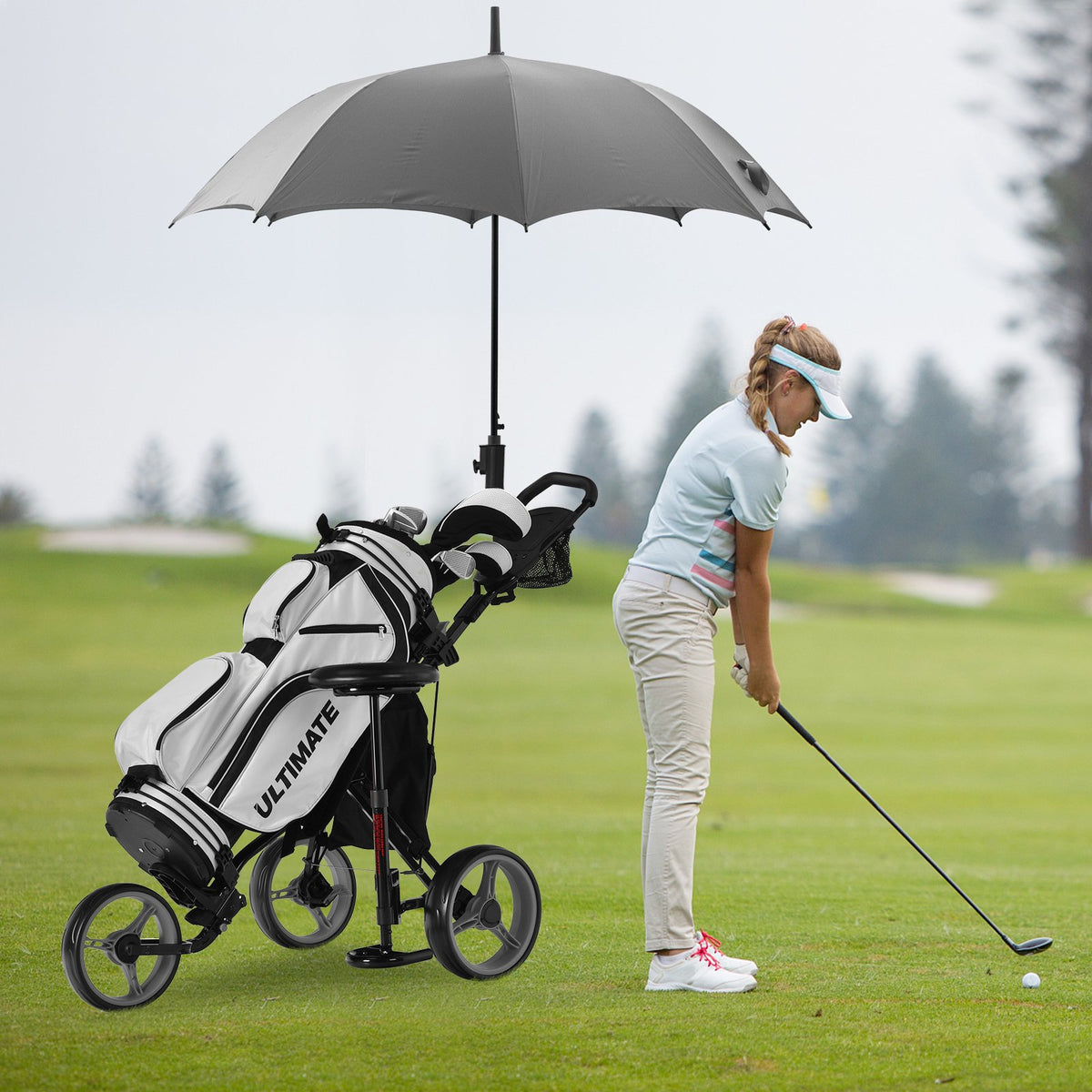 3 Wheels Folding Golf Push Cart with Seat Scoreboard and Adjustable Handle-Gray view 2