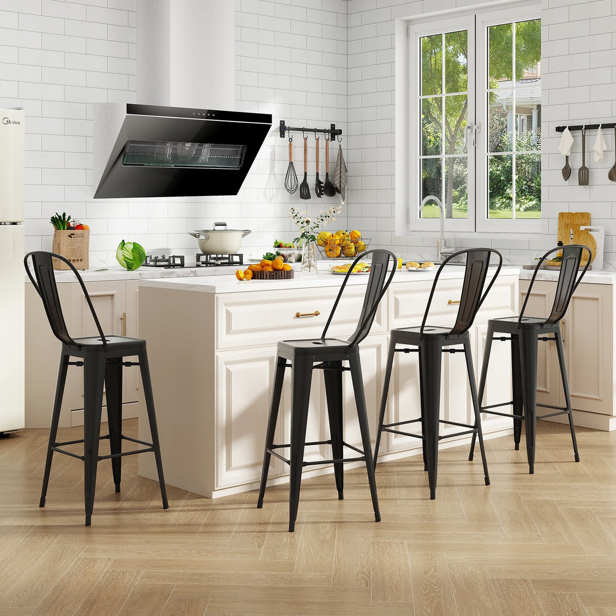 Set of 4 Bar Height Chairs Stackable Metal Bar Stools with Removable Backrest-Black view 3