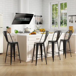 Set of 4 Bar Height Chairs Stackable Metal Bar Stools with Removable Backrest-Black view 3