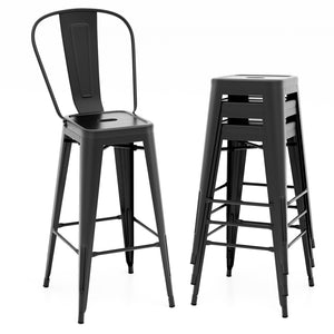 Set of 4 Bar Height Chairs Stackable Metal Bar Stools with Removable Backrest-Black view 4
