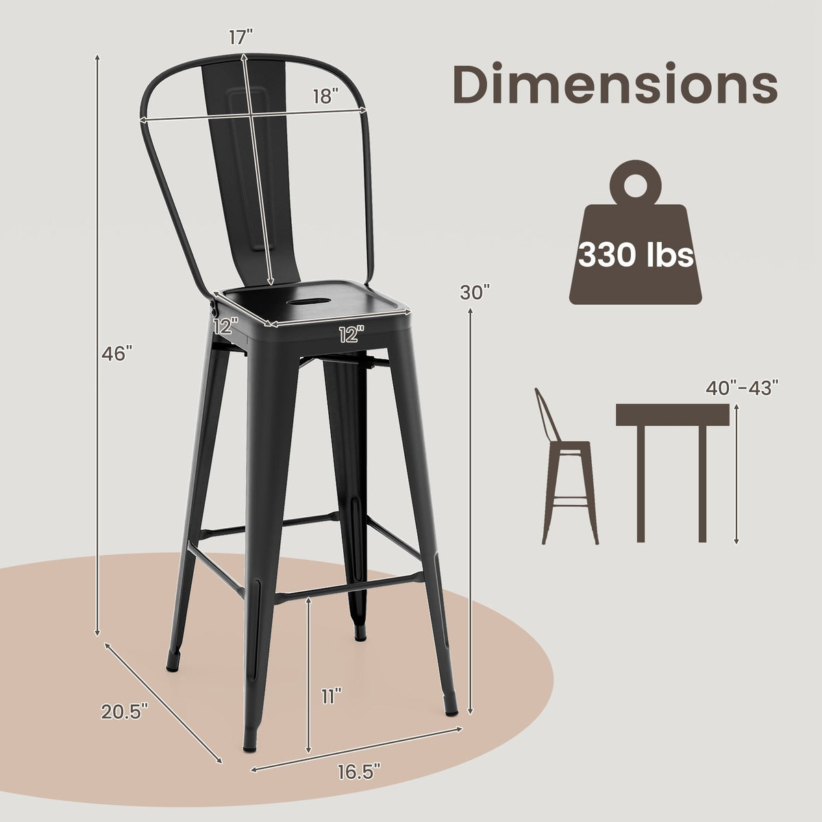 Set of 4 Bar Height Chairs Stackable Metal Bar Stools with Removable Backrest-Black view 5
