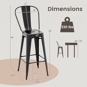 Set of 4 Bar Height Chairs Stackable Metal Bar Stools with Removable Backrest-Black view 5