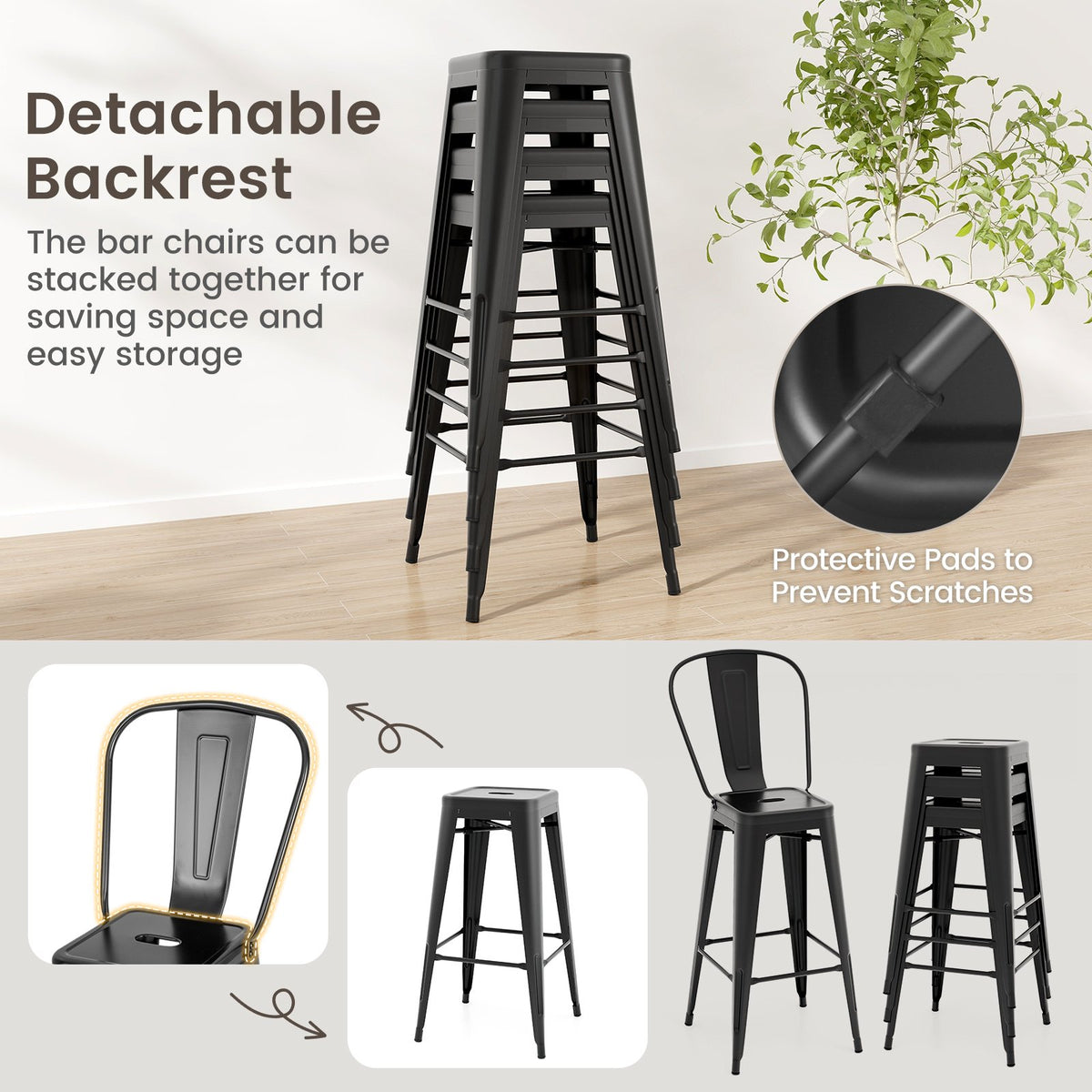 Set of 4 Bar Height Chairs Stackable Metal Bar Stools with Removable Backrest-Black view 8