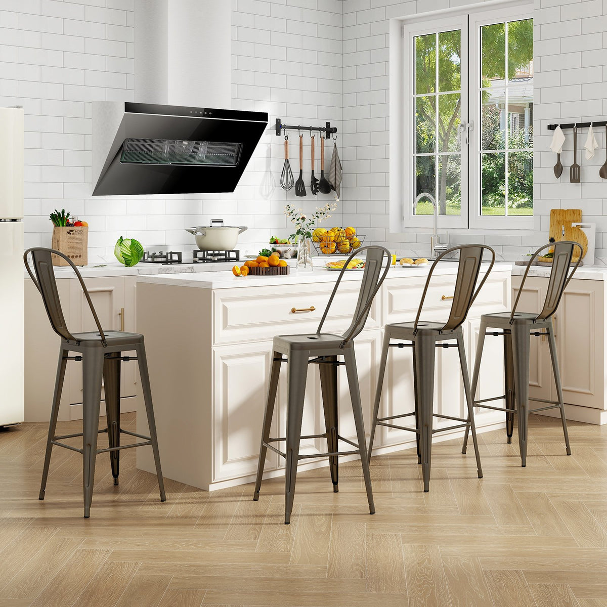 Set of 4 Bar Height Chairs Stackable Metal Bar Stools with Removable Backrest-Gun view 2