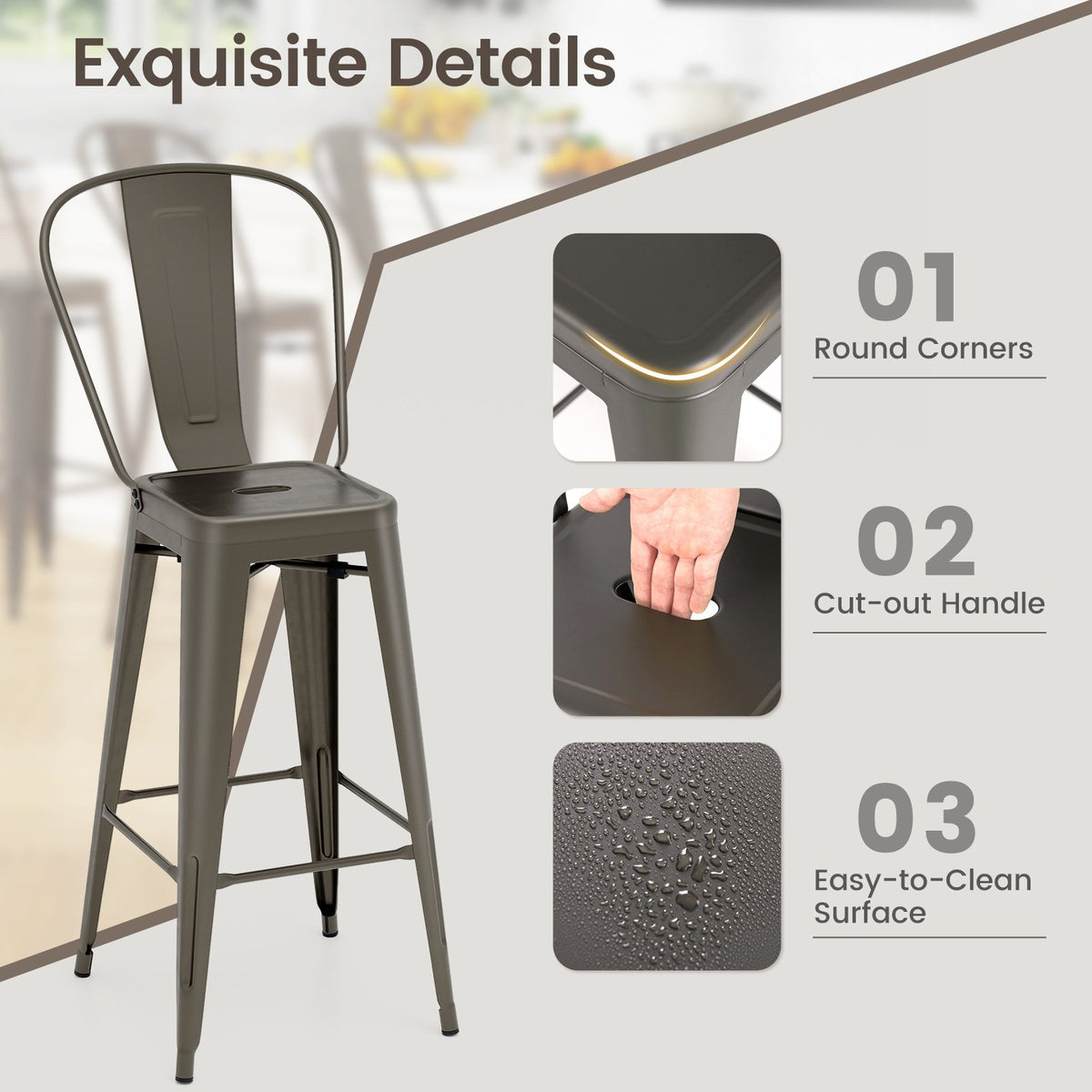Set of 4 Bar Height Chairs Stackable Metal Bar Stools with Removable Backrest-Gun view 7