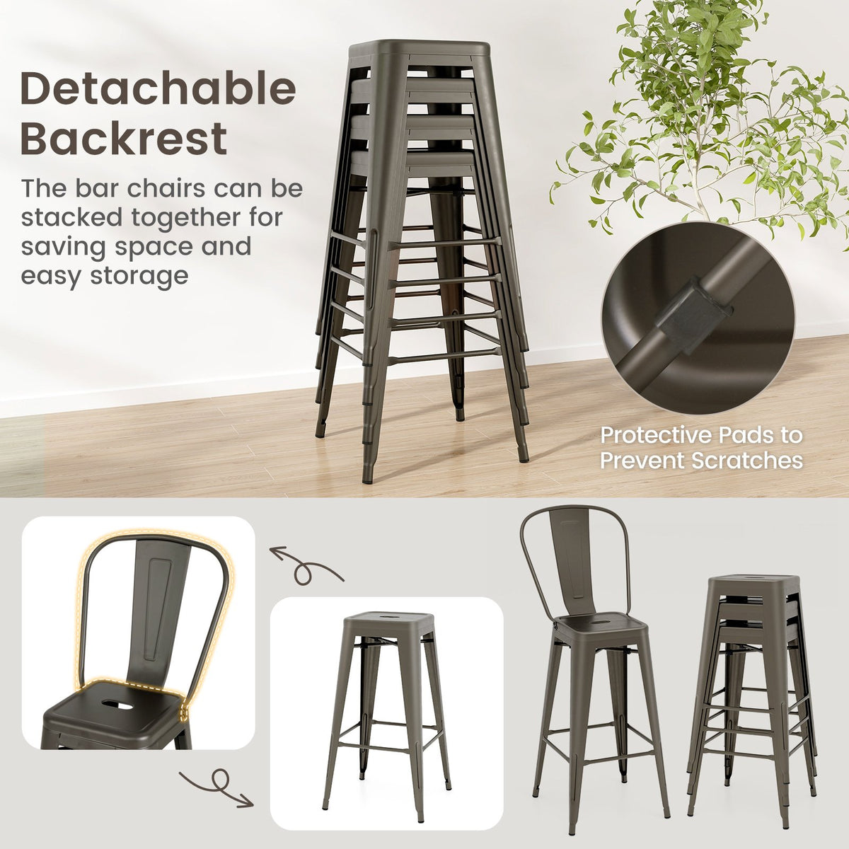 Set of 4 Bar Height Chairs Stackable Metal Bar Stools with Removable Backrest-Gun view 8