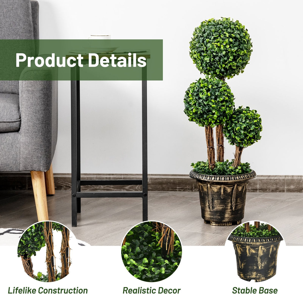 30 Inch Artificial Topiary Triple Ball Tree Indoor and Outdoor UV Protection view 3