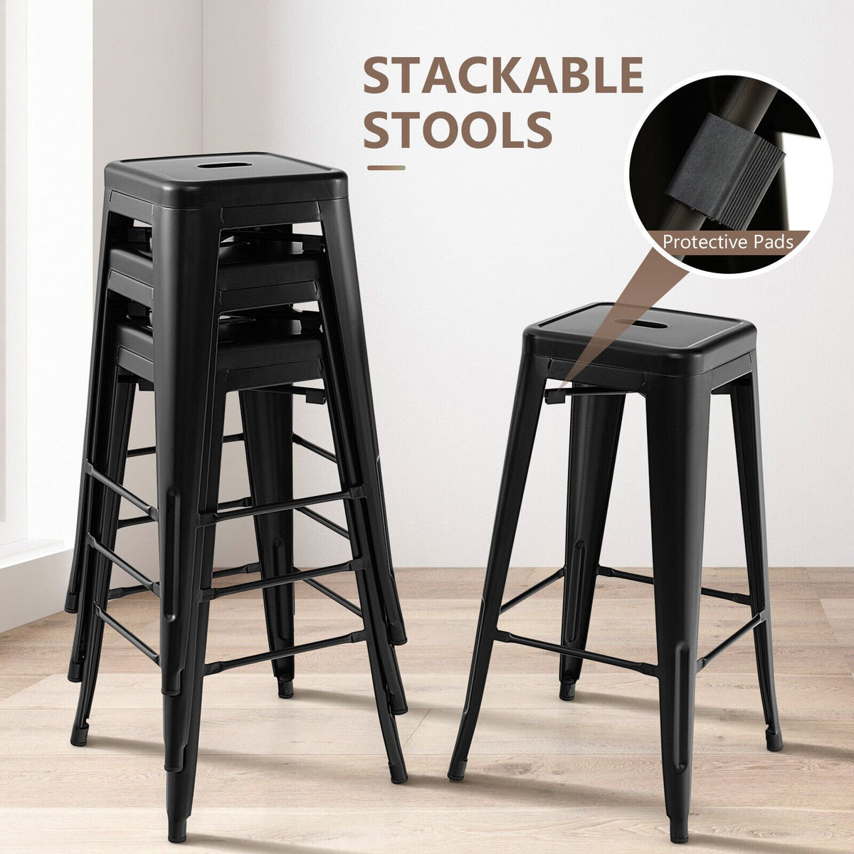 30 Inch Bar Stools Set of 4 with Square Seat and Handling Hole-Black view 6