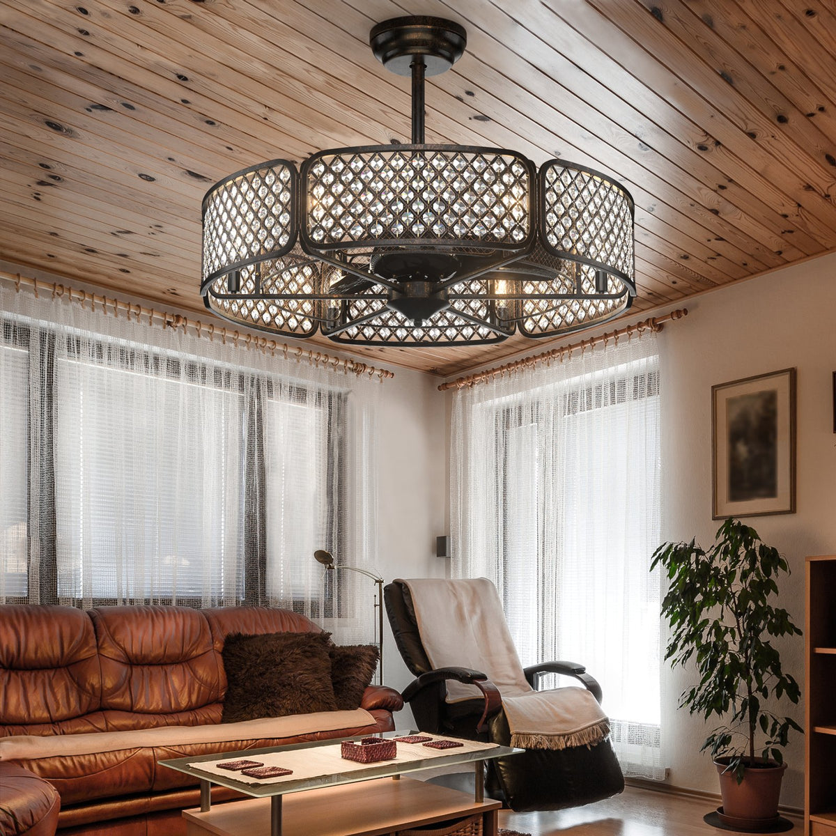 30 Inch Caged Ceiling Fan With Light Crystal Lampshade 6 Light Bases-Coffee view 2