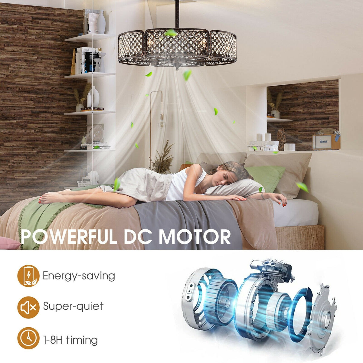 30 Inch Caged Ceiling Fan With Light Crystal Lampshade 6 Light Bases-Coffee view 3