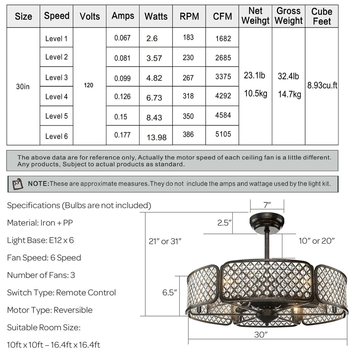 30 Inch Caged Ceiling Fan With Light Crystal Lampshade 6 Light Bases-Coffee view 4