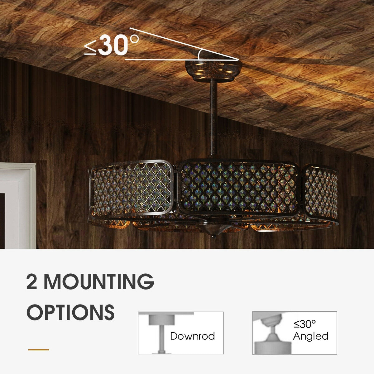 30 Inch Caged Ceiling Fan With Light Crystal Lampshade 6 Light Bases-Coffee view 5