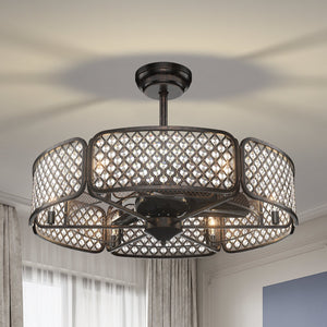 30 Inch Caged Ceiling Fan With Light Crystal Lampshade 6 Light Bases-Coffee view 8