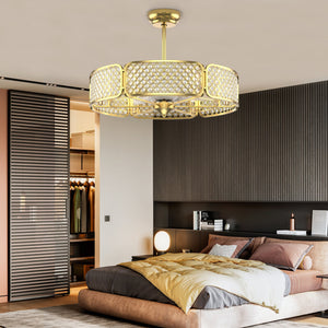 30 Inch Caged Ceiling Fan With Light Crystal Lampshade 6 Light Bases-Golden view 2