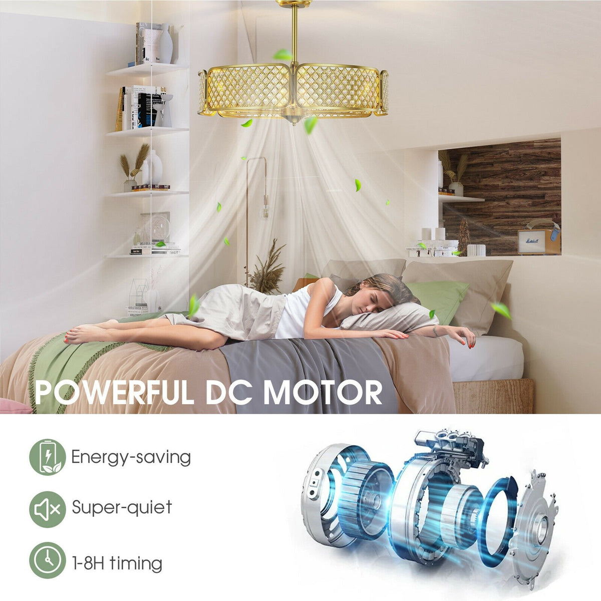 30 Inch Caged Ceiling Fan With Light Crystal Lampshade 6 Light Bases-Golden view 3