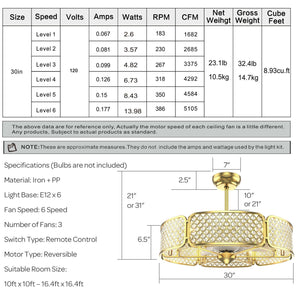 30 Inch Caged Ceiling Fan With Light Crystal Lampshade 6 Light Bases-Golden view 4
