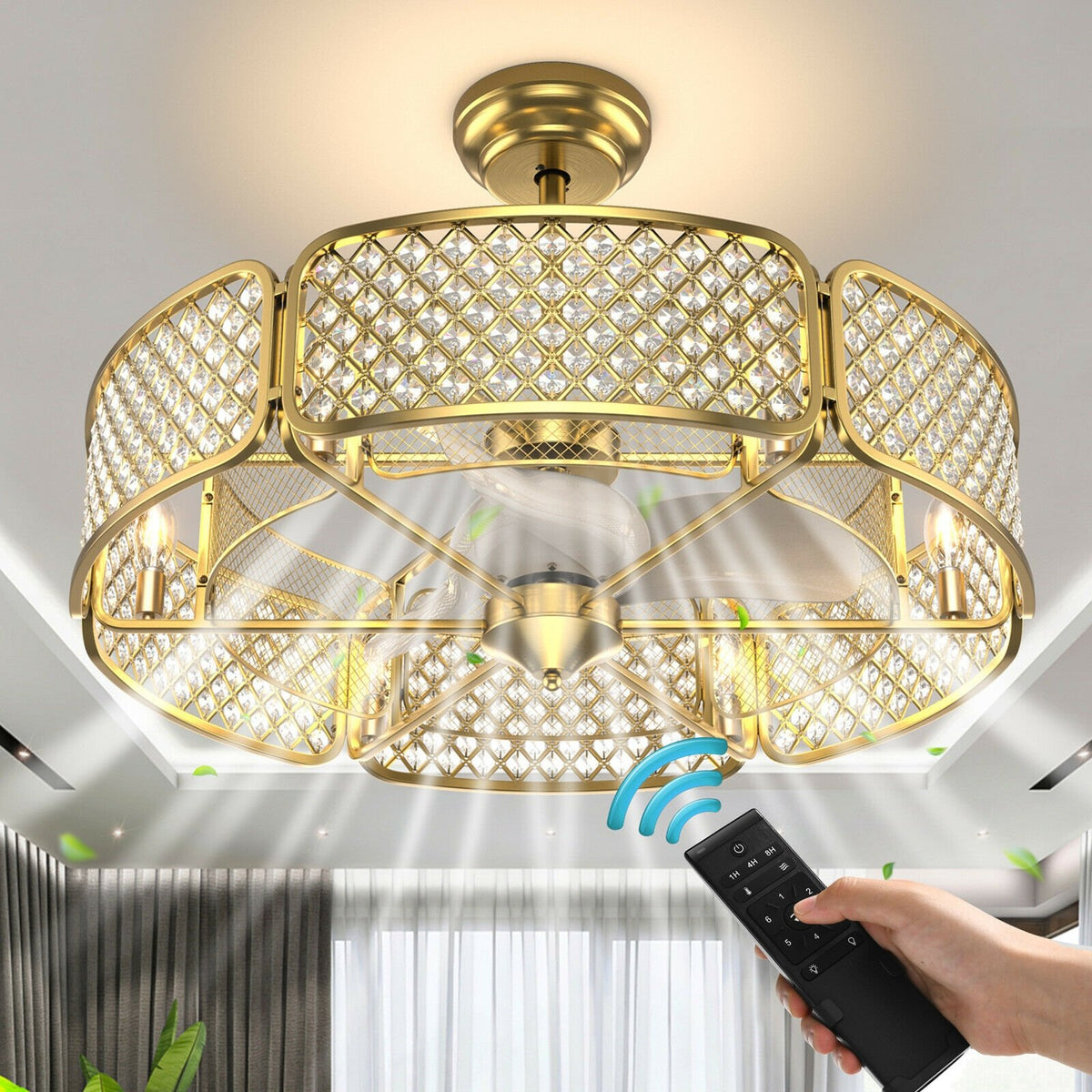 30 Inch Caged Ceiling Fan With Light Crystal Lampshade 6 Light Bases-Golden view 6