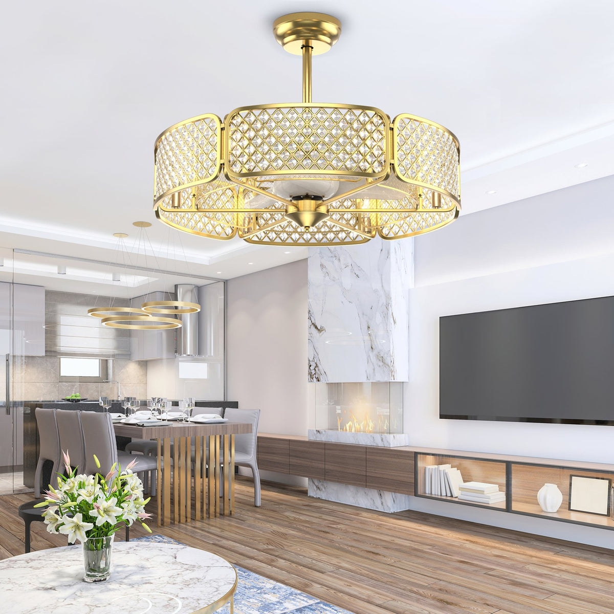 30 Inch Caged Ceiling Fan With Light Crystal Lampshade 6 Light Bases-Golden view 7