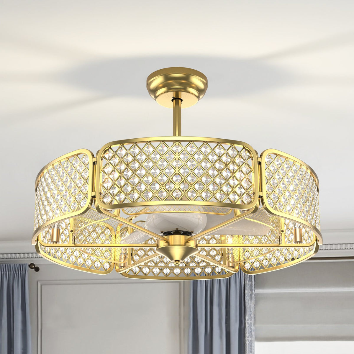 30 Inch Caged Ceiling Fan With Light Crystal Lampshade 6 Light Bases-Golden view 8