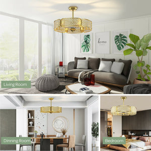 30 Inch Caged Ceiling Fan With Light Crystal Lampshade 6 Light Bases-Golden view 9