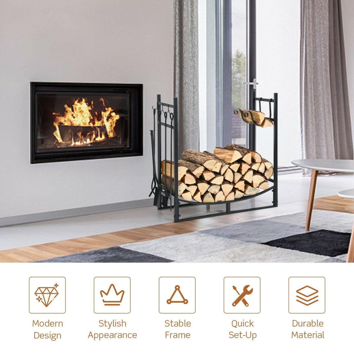 30 Inch Firewood Rack with 4 Tool Set Kindling Holders for Indoor and Outdoor view 3