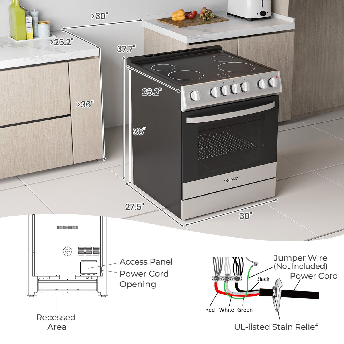 30 Inch Freestanding and Slide-in Kitchen Stove with 4 Burners Ceramic Cooktop-Silver view 3