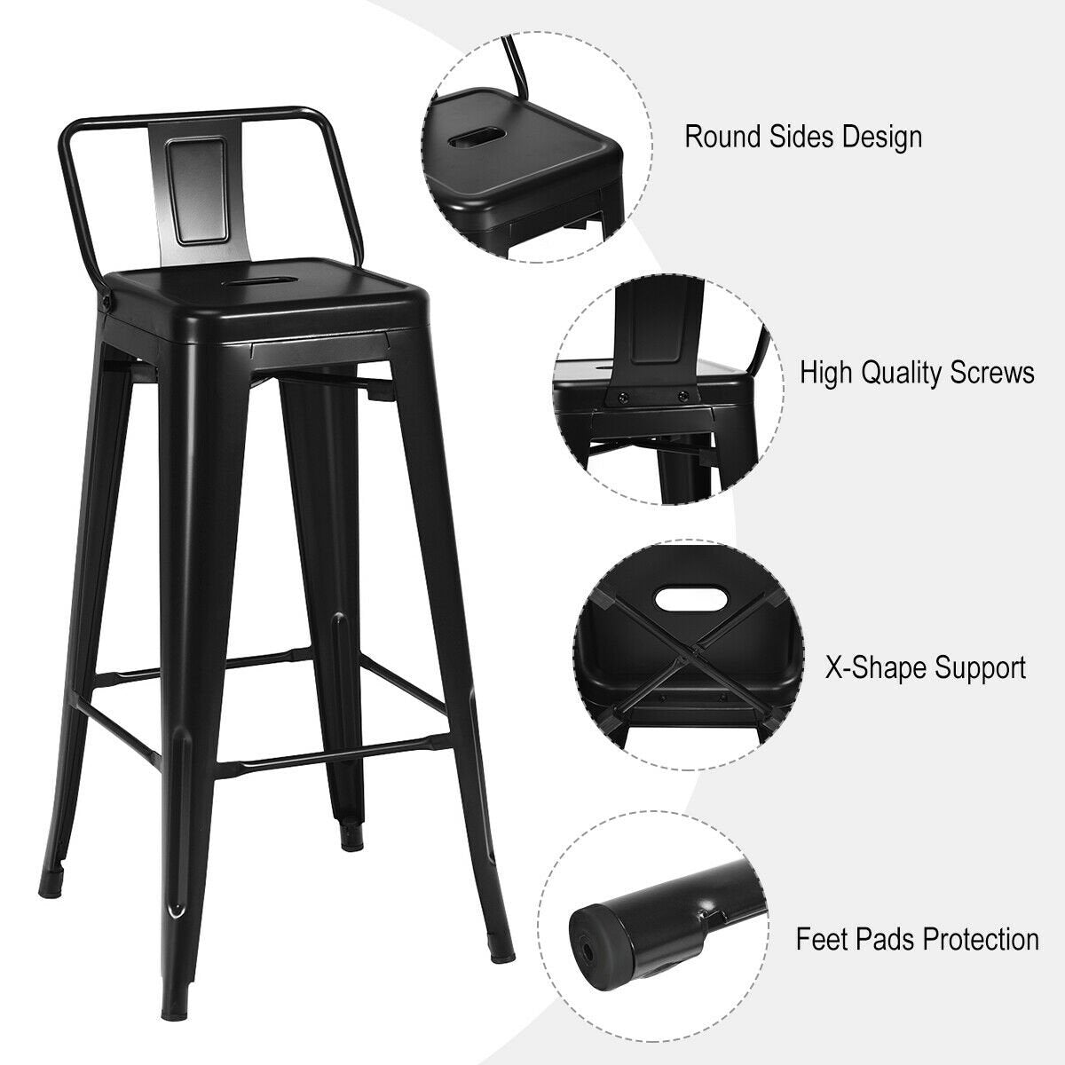 30 Inch Set of 4 Metal Counter Height Barstools with Low Back and Rubber Feet-Black view 5