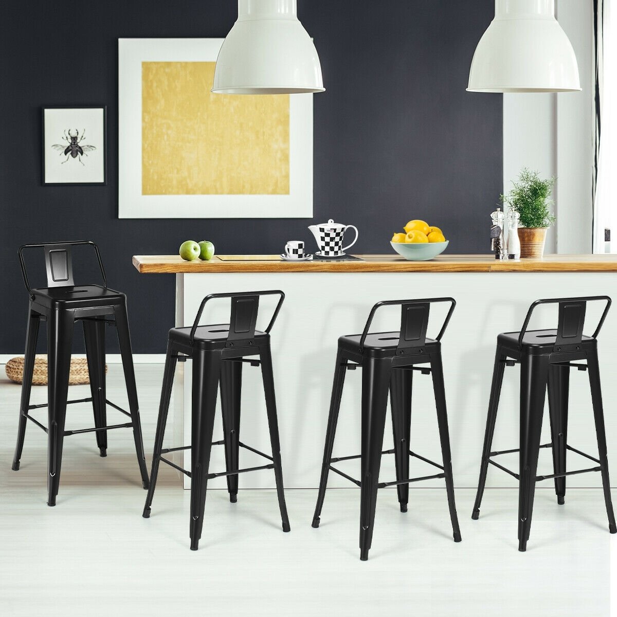 30 Inch Set of 4 Metal Counter Height Barstools with Low Back and Rubber Feet-Black view 6