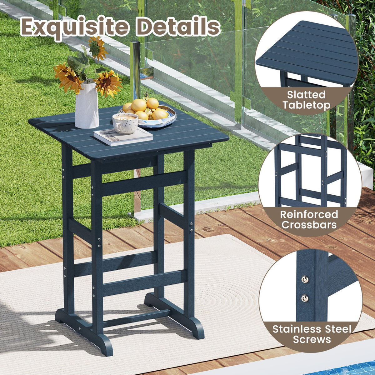 30 Inch Square Bar Table Dining Table with Slatted Tabletop for Poolside-Navy view 7