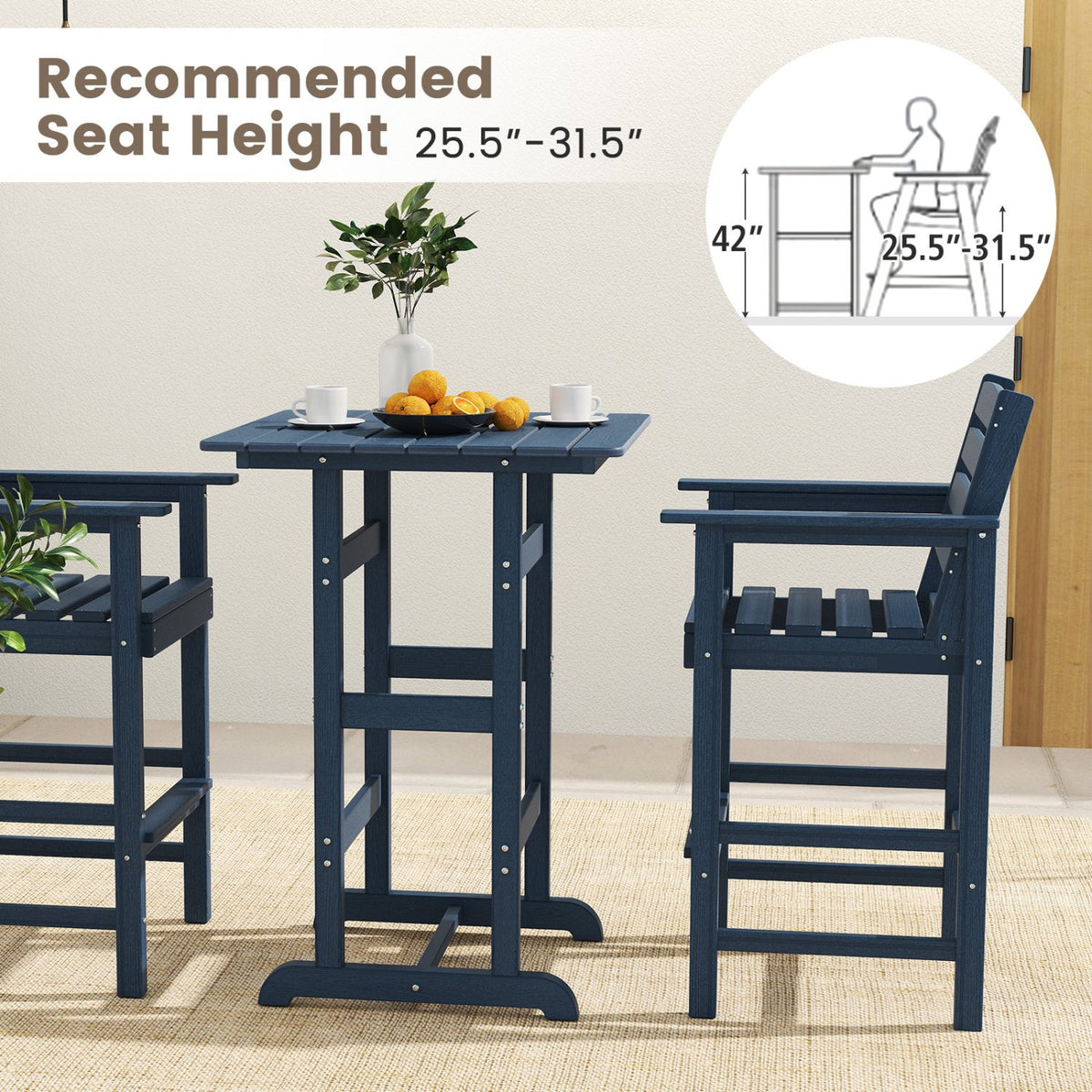 30 Inch Square Bar Table Dining Table with Slatted Tabletop for Poolside-Navy view 9