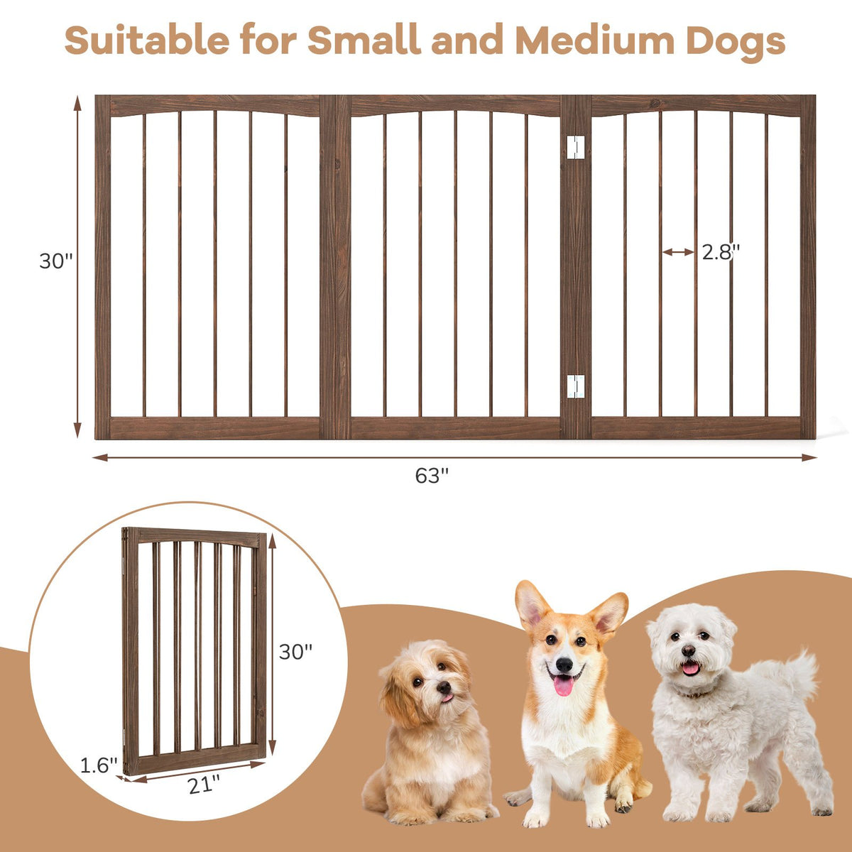 30 Inch Tall Wooden Pet Fence for Cats Small and Medium Dogs-Brown view 5