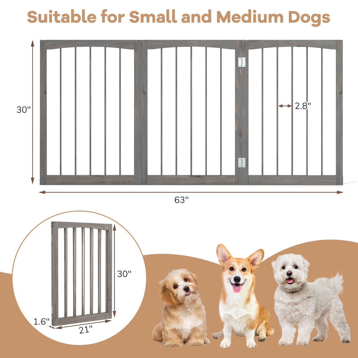 30 Inch Tall Wooden Pet Fence for Cats Small and Medium Dogs-Gray view 5