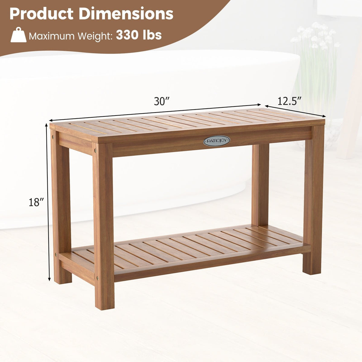 30 Inch Teak Wood Shower Bench Inside Shower Stool with Storage Shelf view 5