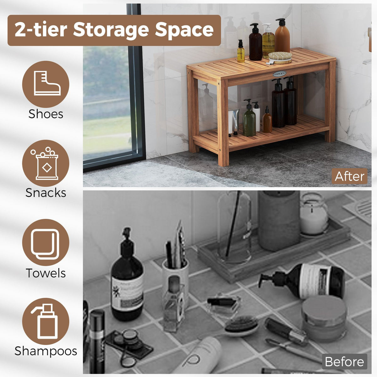 30 Inch Teak Wood Shower Bench Inside Shower Stool with Storage Shelf view 8