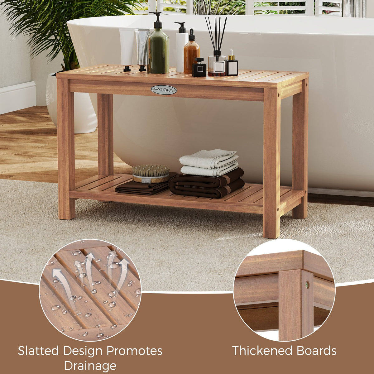 30 Inch Teak Wood Shower Bench Inside Shower Stool with Storage Shelf view 9