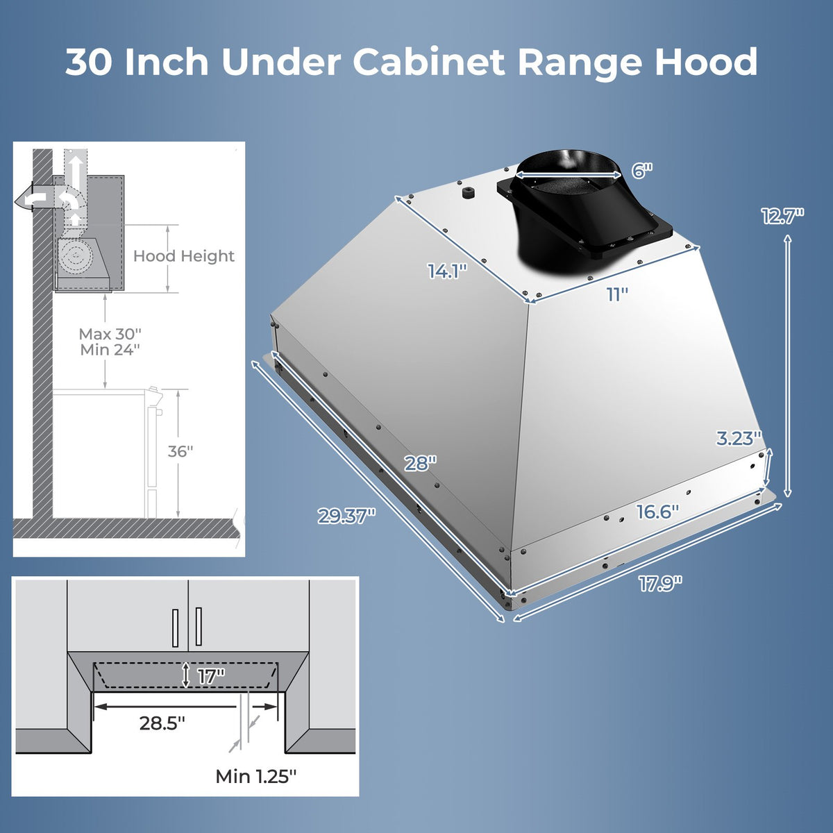 30 Inch Under Cabinet Range Hood with 4 Fan Speeds and Baffles Filters-Silver view 3