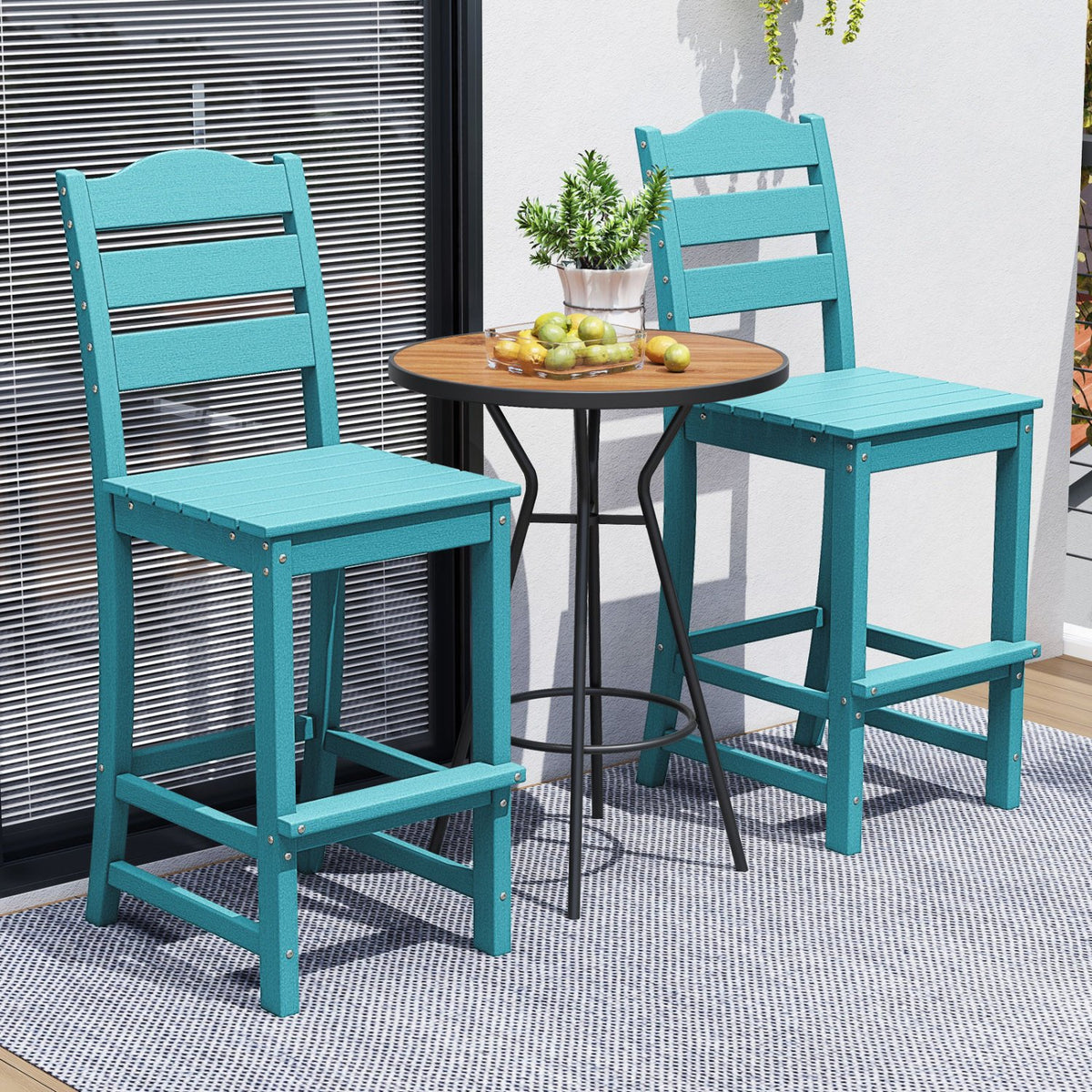 30 Inches Counter Height HDPE Bar Stool with Backrest and Footrest-Turquoise view 2