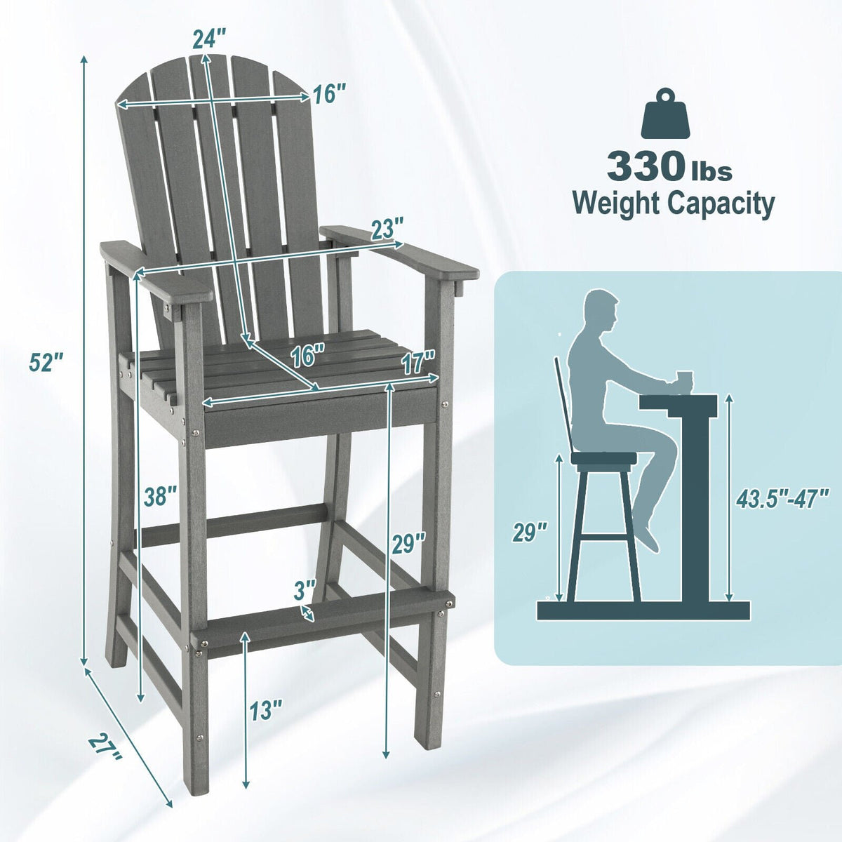 30 Inches Counter Height Outdoor HDPE Bar Stool with Armrests and Footrest-Gray view 4