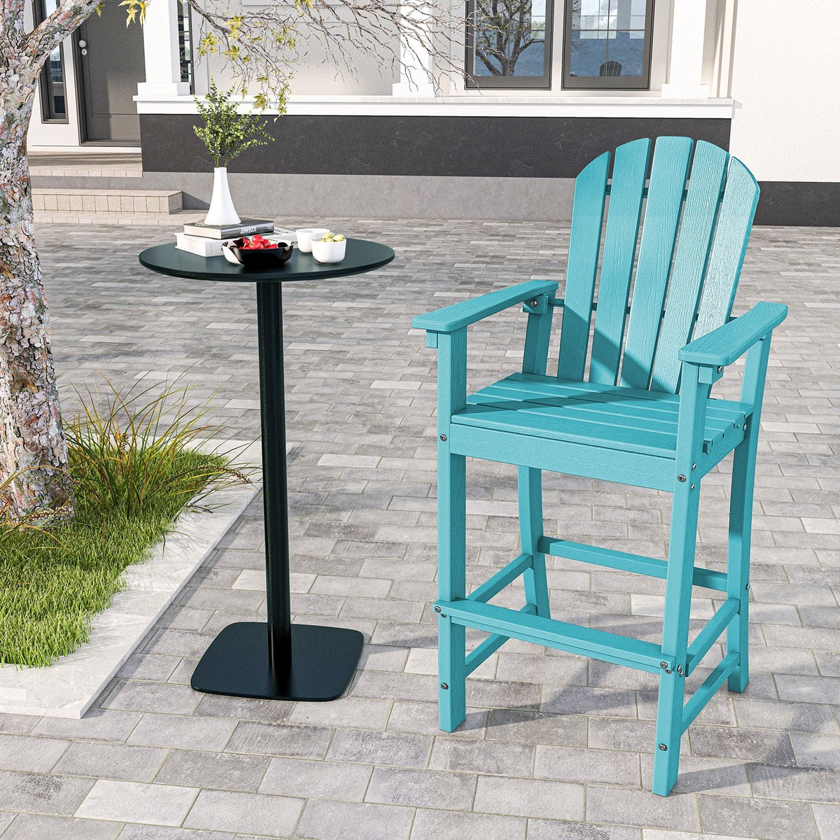 30 Inches Counter Height Outdoor HDPE Bar Stool with Armrests and Footrest-Turquoise view 3