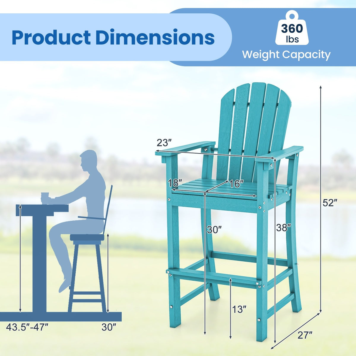 30 Inches Counter Height Outdoor HDPE Bar Stool with Armrests and Footrest-Turquoise view 4