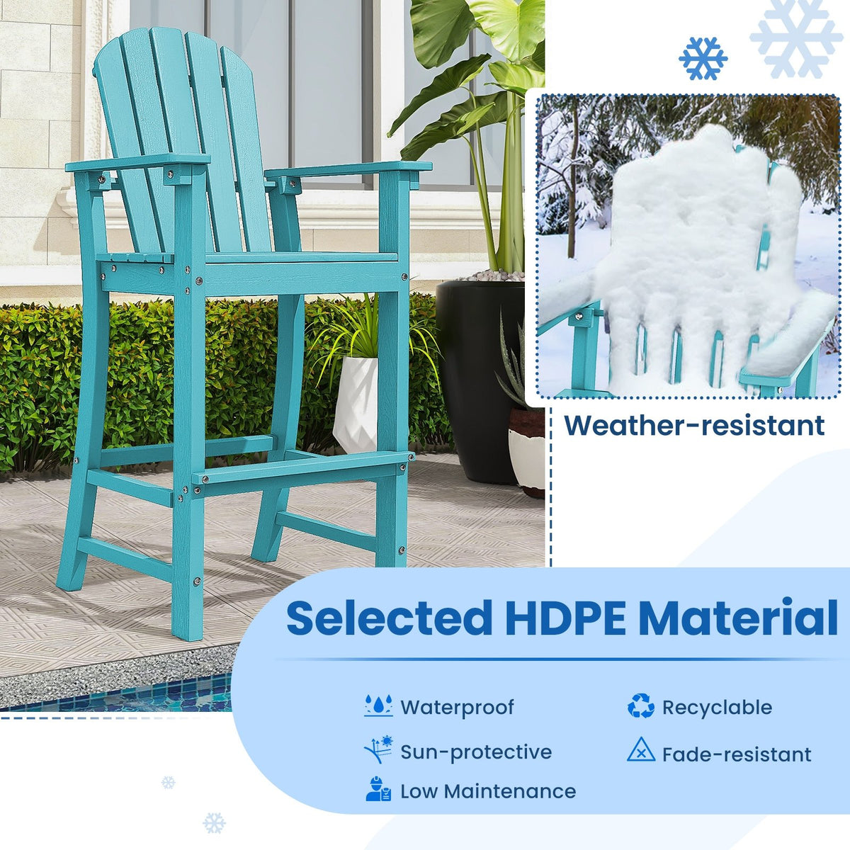 30 Inches Counter Height Outdoor HDPE Bar Stool with Armrests and Footrest-Turquoise view 7