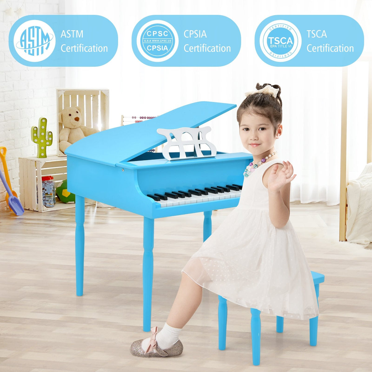 30-Key Wood Toy Kids Grand Piano with Bench and Music Rack-Blue view 3