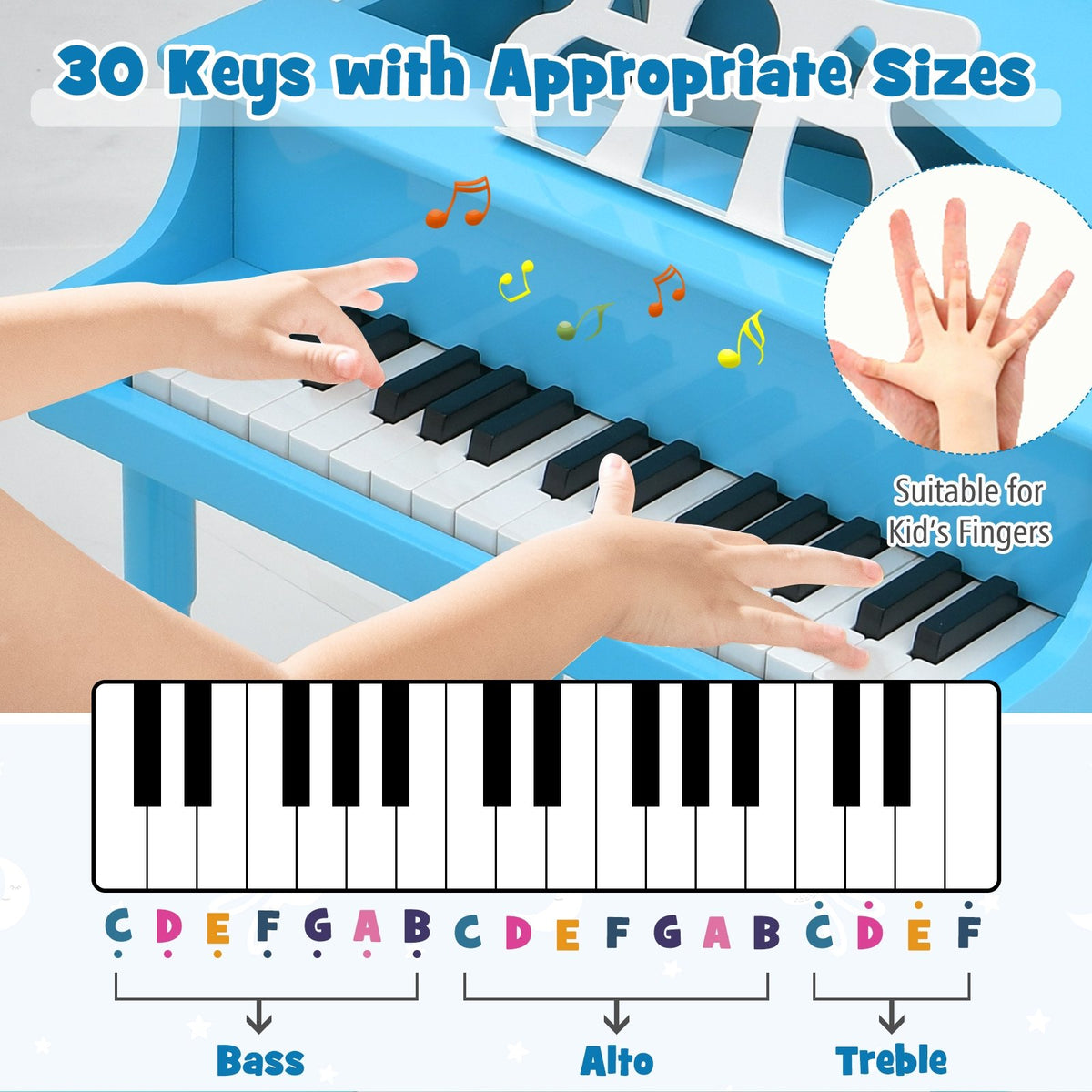 30-Key Wood Toy Kids Grand Piano with Bench and Music Rack-Blue view 7